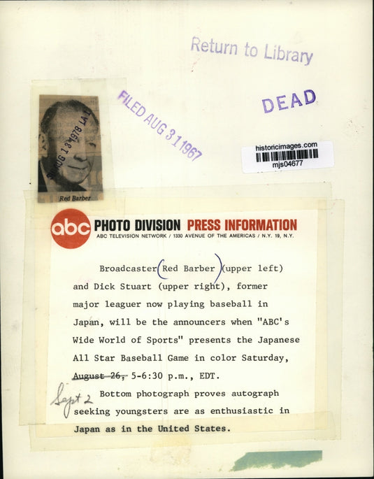 1967 Press Photo Red Barber and Dick Stuart-ABC Broadcasters - mjs04677