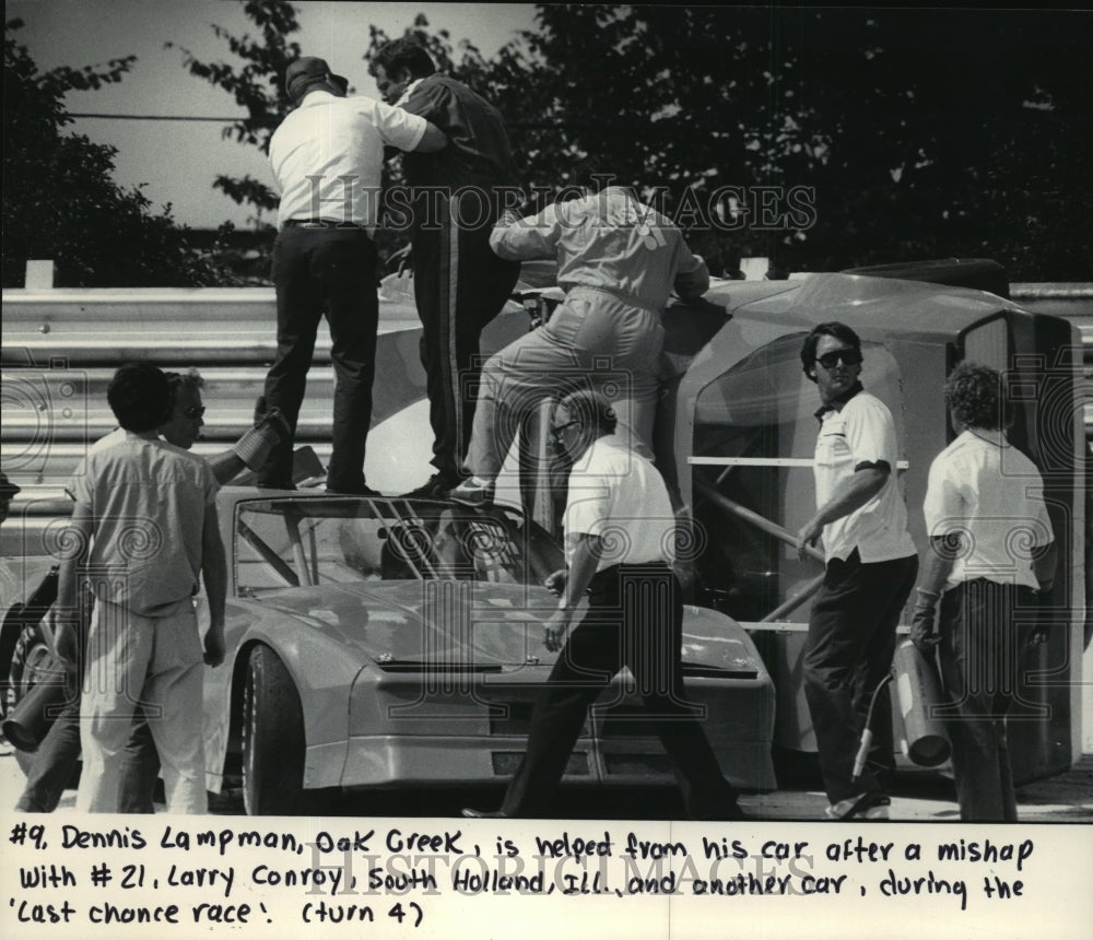 1985 Press Photo Dennis Lampman after his mishap during race at State Fair Park- Historic Images