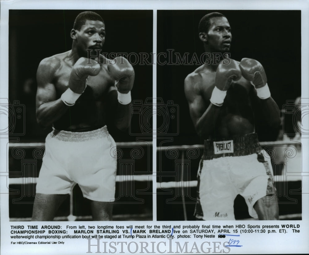 1989 Press Photo Marlon Starling & Mark Breland featured in HBO boxing special- Historic Images