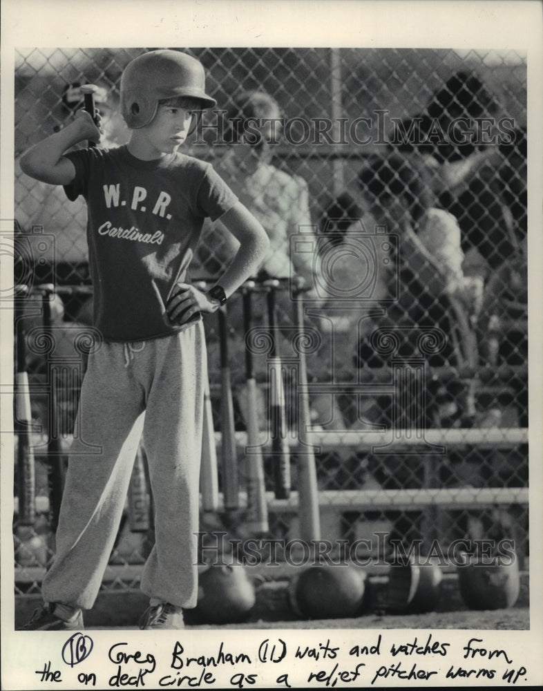 1985 Press Photo Little League Baseball Player Greg Branham Waiting On Deck- Historic Images