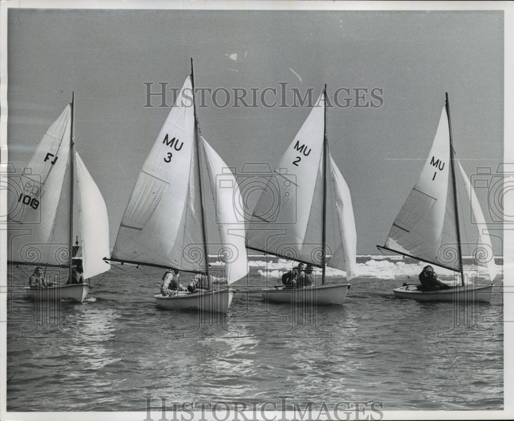 1962 Press Photo Sailboats line up on Lake Michigan during college regatta