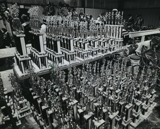 1983 Press Photo Trophies by the dozens await winners in Elkhorn, Wisconsin- Historic Images