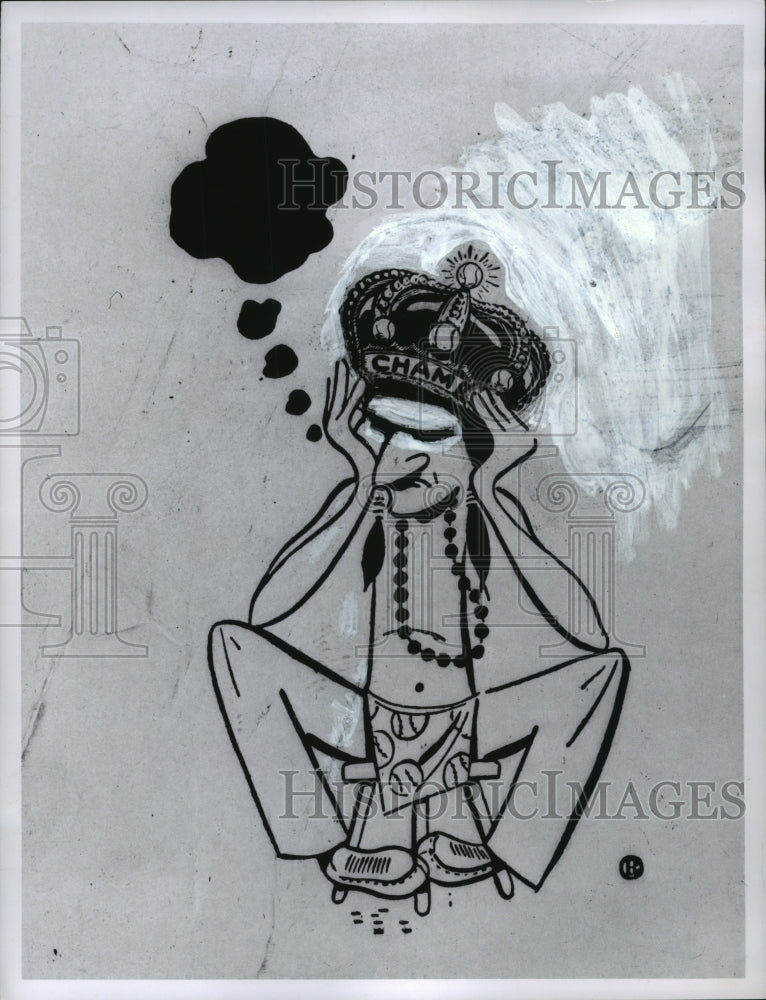 1963 Press Photo Drawing of an Indian holding a crown with the word &quot;Champs.&quot;- Historic Images