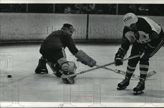 1973 Press Photo Admirals hockey's Sandy McAndrews vs. Gary Page on the ice- Historic Images