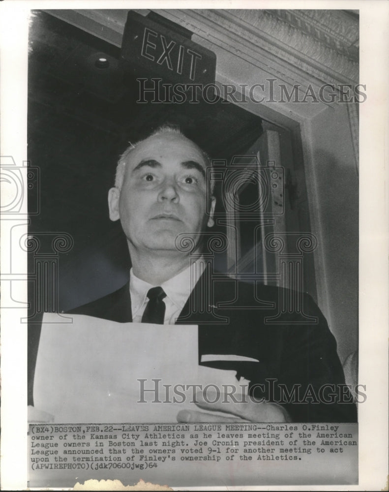 1964 Press Photo Kansas City Athletics team owner, Charles O. Finley in Boston- Historic Images