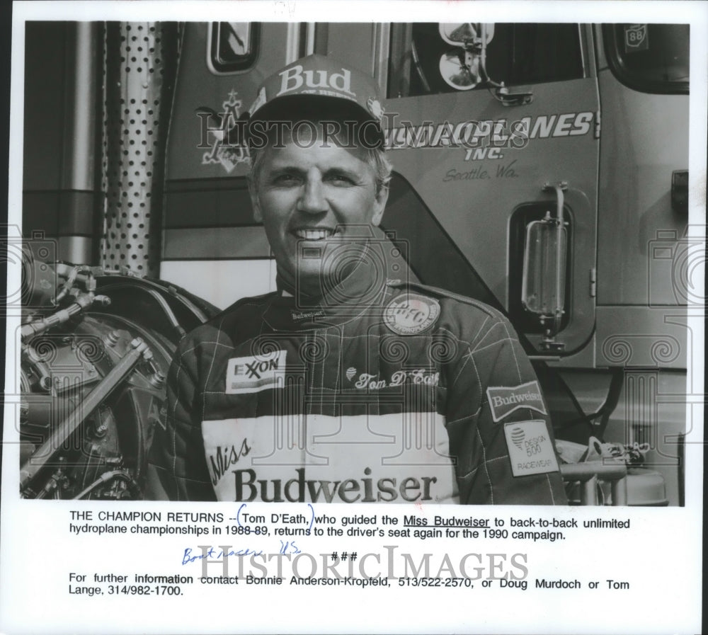 1988 Press Photo Hydroplane racer Tom D&#39;Eath returns to Miss Budweiser race- Historic Images