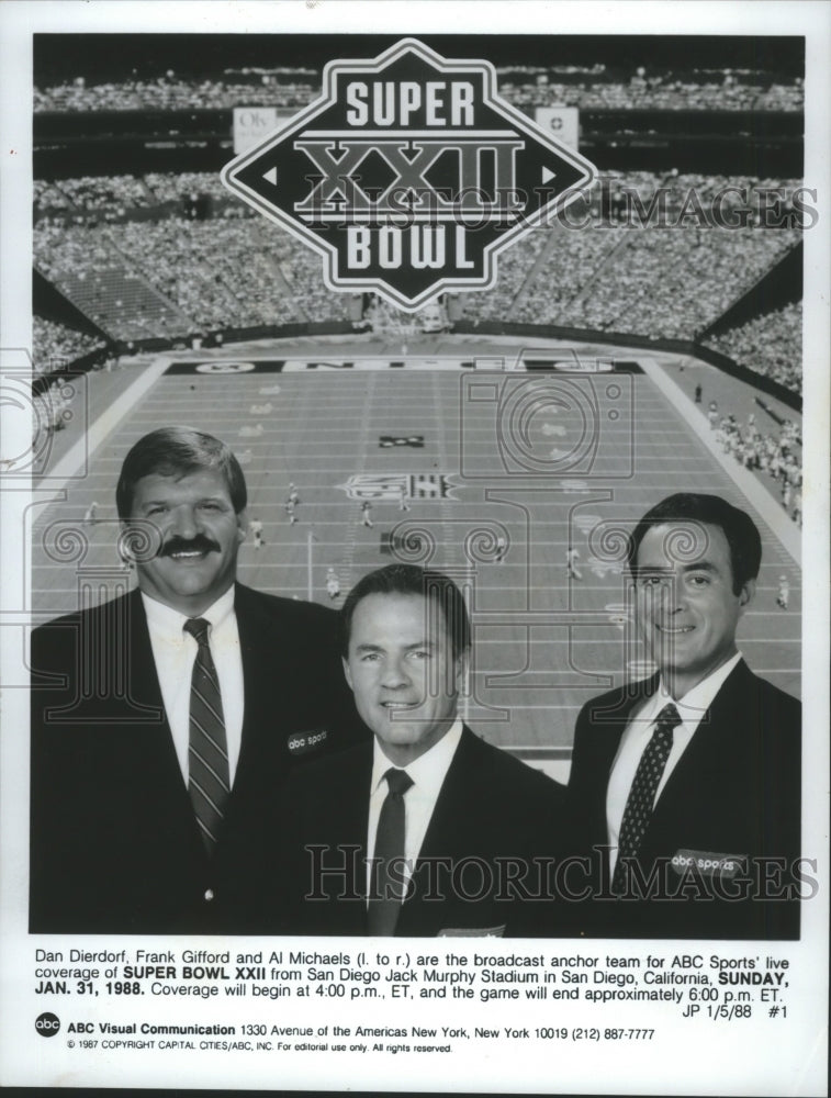 1988 Press Photo ABC&#39;s Superbowl team: (L-R), Dierforf, Gifford and Michaels.- Historic Images