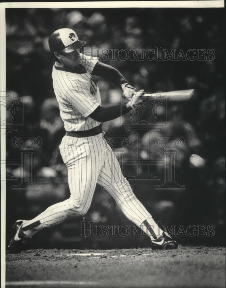 1985 Press Photo Brewer outfielder Randy Ready connects for a single Tuesday.- Historic Images