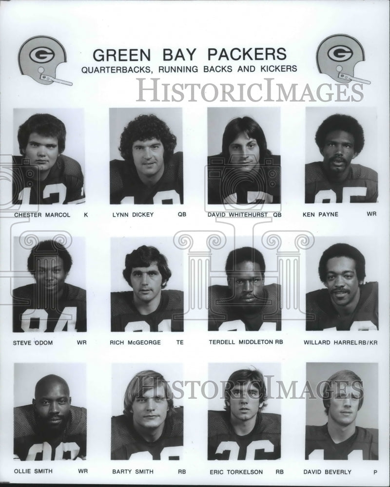 1977 Press Photo Green Bay Packers football quarterbacks, running backs, kickers- Historic Images