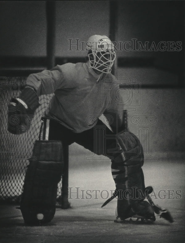 1984 Press Photo Milwaukee Admirals hockey goalie Jim Ralph guards the ...