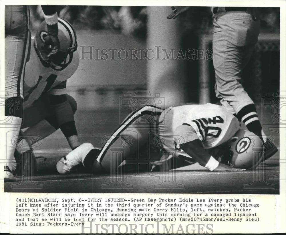 1981 Press Photo Packer Eddie Lee Ivery down with injured knee and out for year.- Historic Images