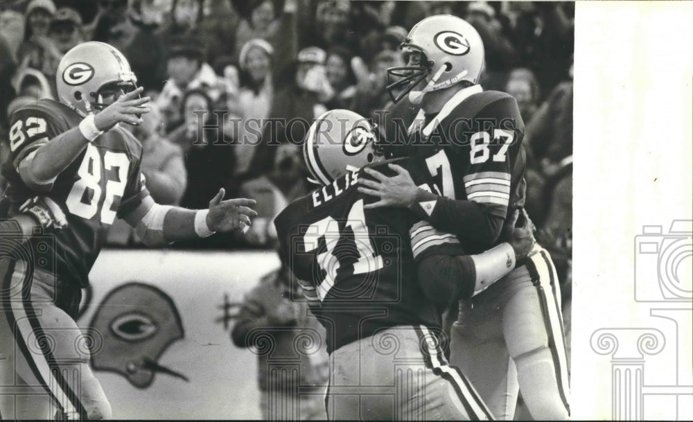 1980 Press Photo Green Bay Packers&#39; players celebrate a play during game- Historic Images