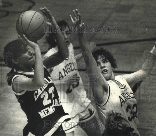 1990 Press Photo Catholic Memorial basketball's Catherine Devine attempts a shot- Historic Images
