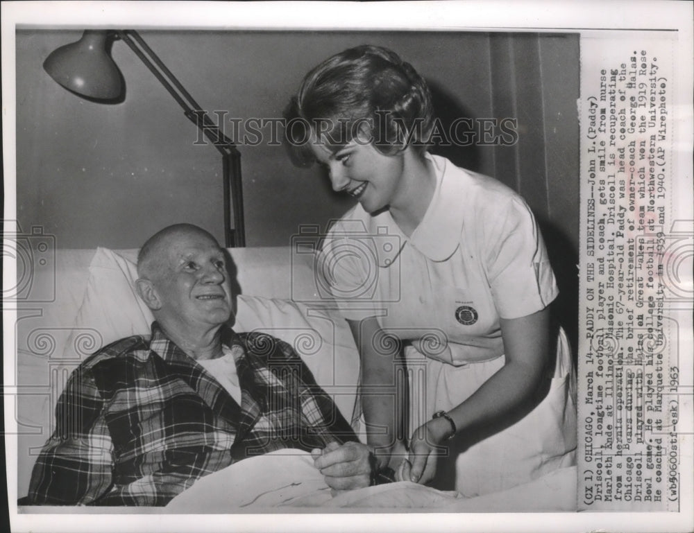1963 Press Photo Football coach John L (Paddy) Driscoll recovers from surgery- Historic Images
