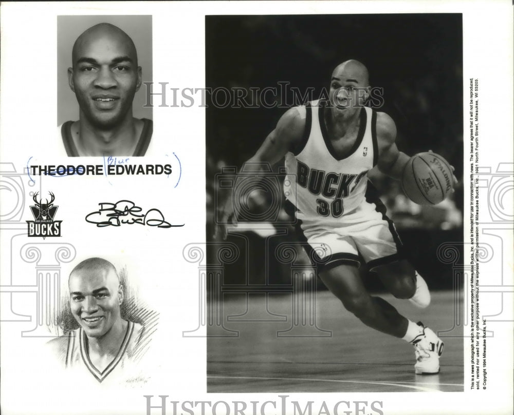 Press Photo Bucks Blue Edwards dribbling and photo and drawing of him.- Historic Images