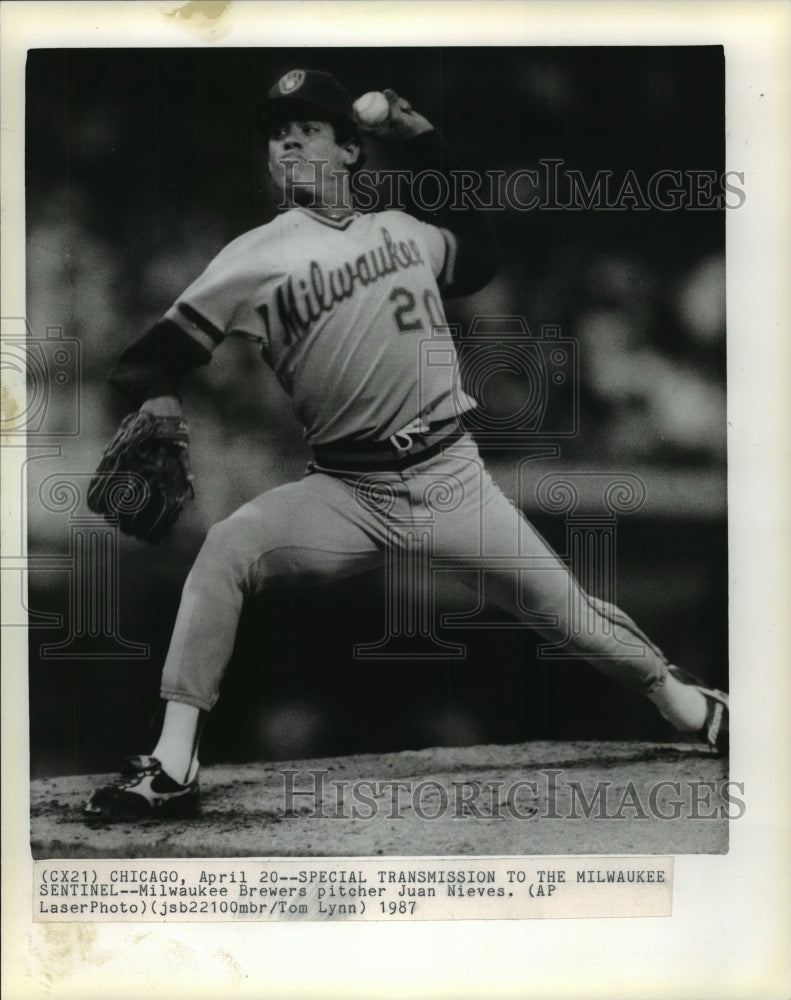 1987 Press Photo Brewers&#39; Juan Nieves pitches during record breaking streak- Historic Images