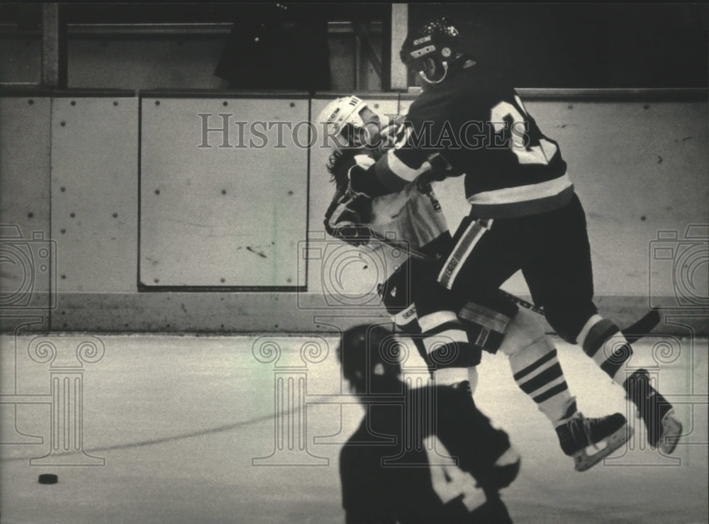 1987 Press Photo Ron Sanko checks Darren McKay of the Milwaukee Admirals- Historic Images