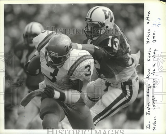 1982 Press Photo Wisconsin football's John Josten against UCLA"s Kevin Nelson- Historic Images