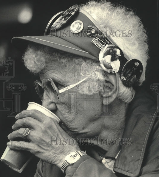 1987 Press Photo Milwaukee Brewers' fan Mabel Olson watches game - mjt13612- Historic Images