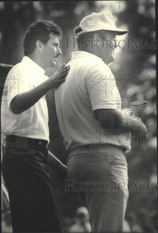 1983 Press Photo Golfer Morris Hatalsky edges over George Cadle for first place- Historic Images