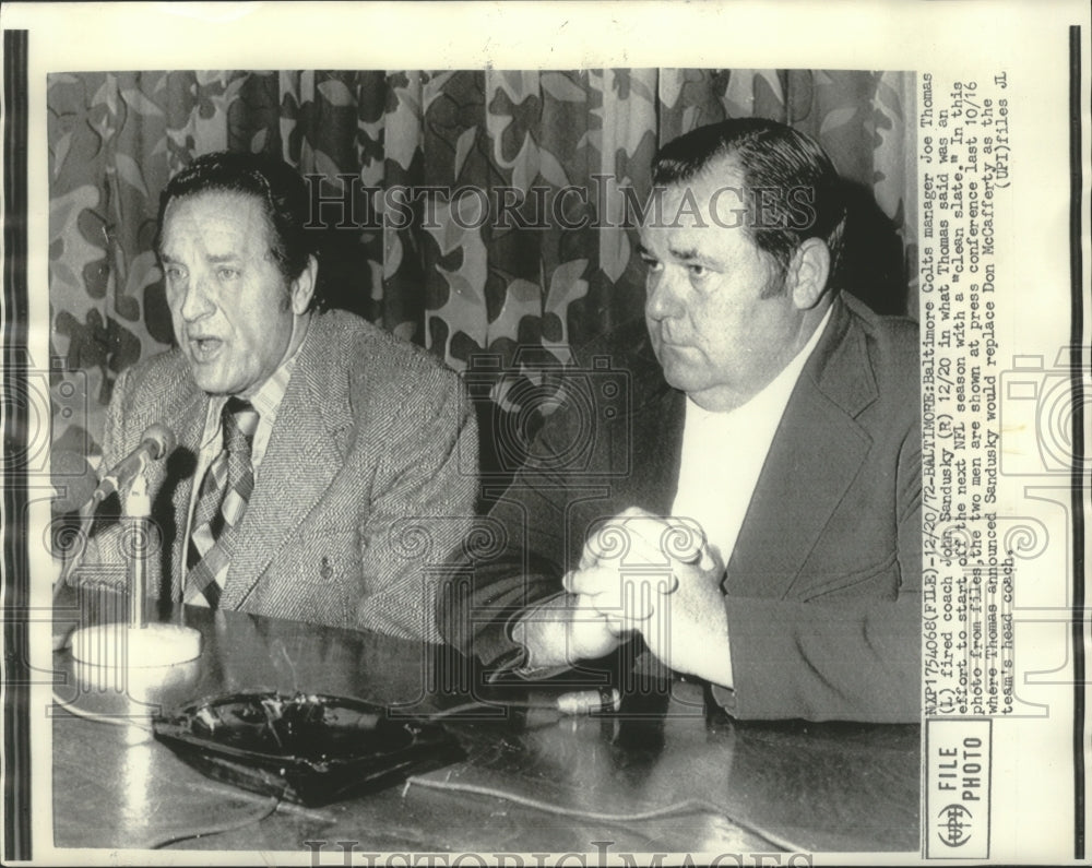 1972 Press Photo Baltimore Colts manager Joe Thomas & new coach John Sandusky- Historic Images