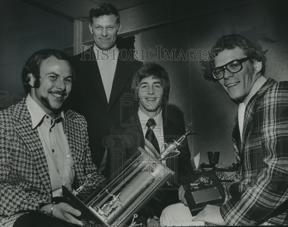 1975 Press Photo Most Valuable Wrestler Mike Beining Congratulated by Teammates- Historic Images