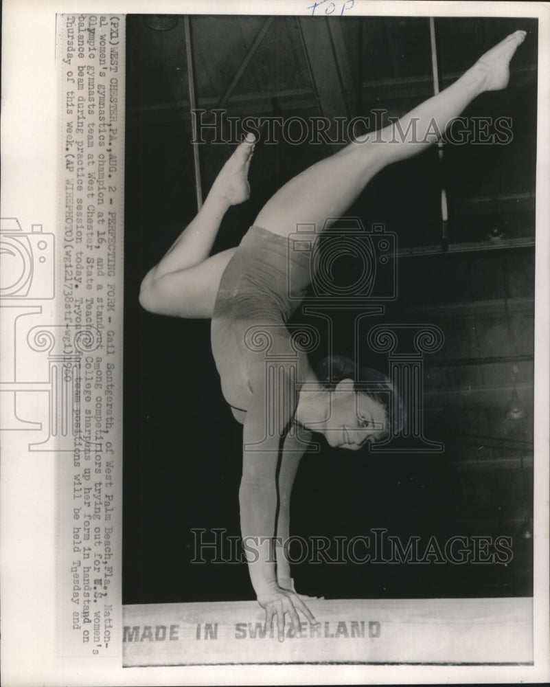 1960 Press Photo Gail Sontgerath, National Gymnastics Champion, on balance beam.- Historic Images