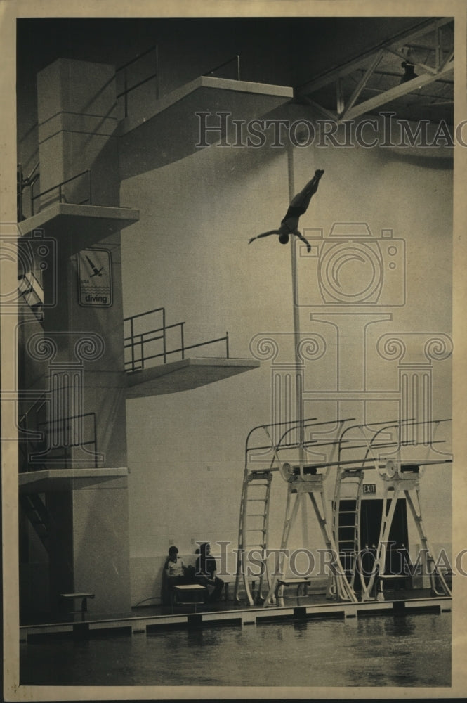 1982 Press Photo Debbie Rush, McDonald&#39;s Divers, leaves the 10-meter platform.- Historic Images