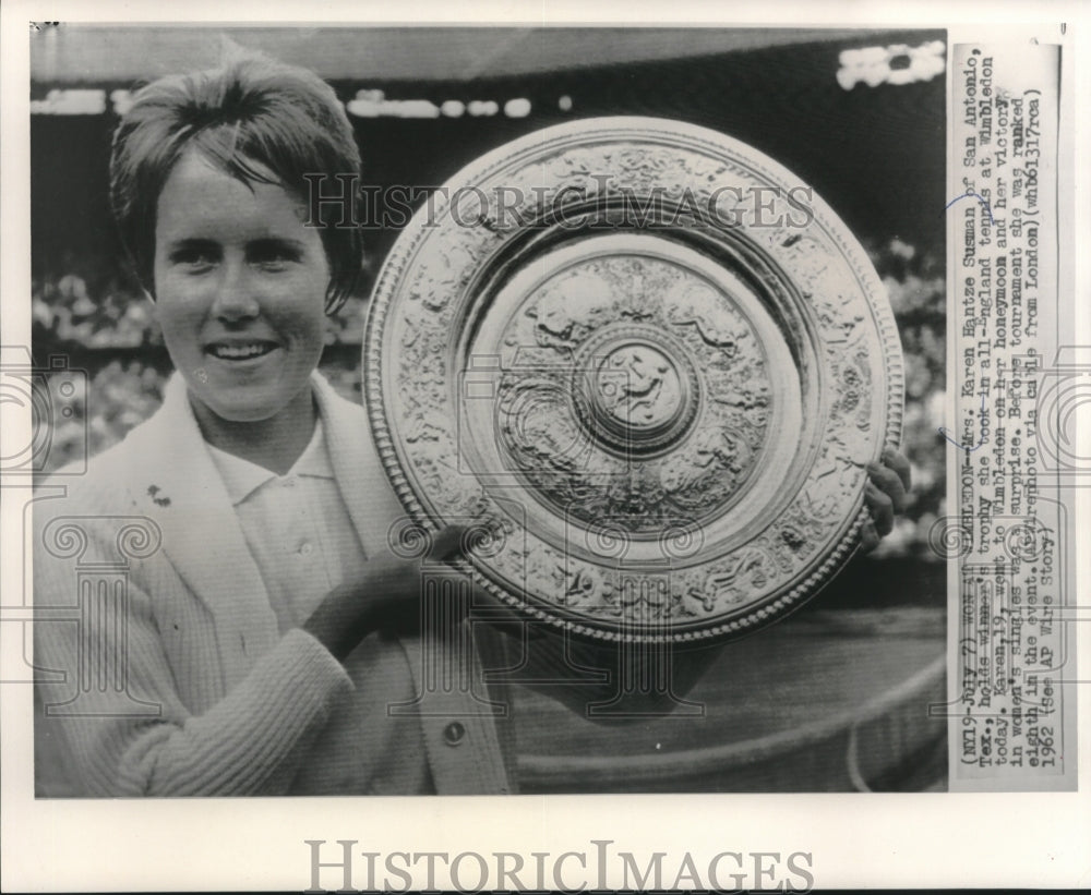1962 Press Photo Tennis player Mrs. Karen Hantze Susman wins at Wimbledon- Historic Images