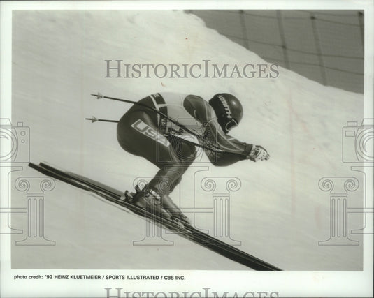 1992 Press Photo Men's downhill skiing practice featured with Olympic opening- Historic Images