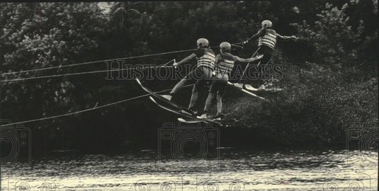 1983 Press Photo Three of the Janesville Rock Aqua Jays perform water ski jump- Historic Images