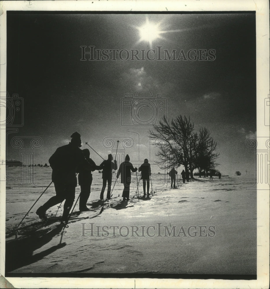 1981 Press Photo Cross-country skiers in moonlight at Dretzka Park, Wisconsin.- Historic Images