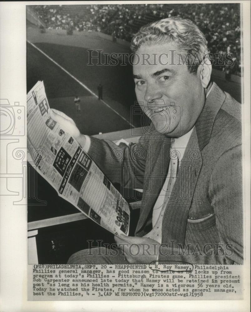 1958 Press Photo Philadelphia Phillies General Manager H. Roy Hamey - mjt16847- Historic Images