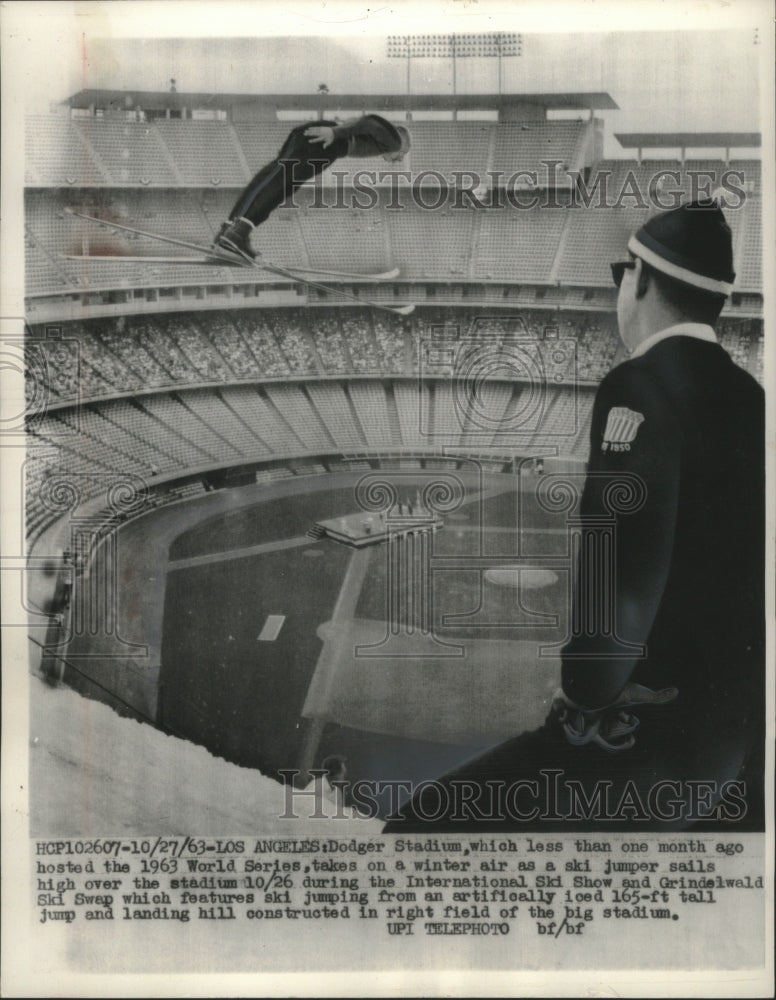 1963 PressPhoto Ski jumper sails over Dodge Stadium, International Ski Show- Historic Images