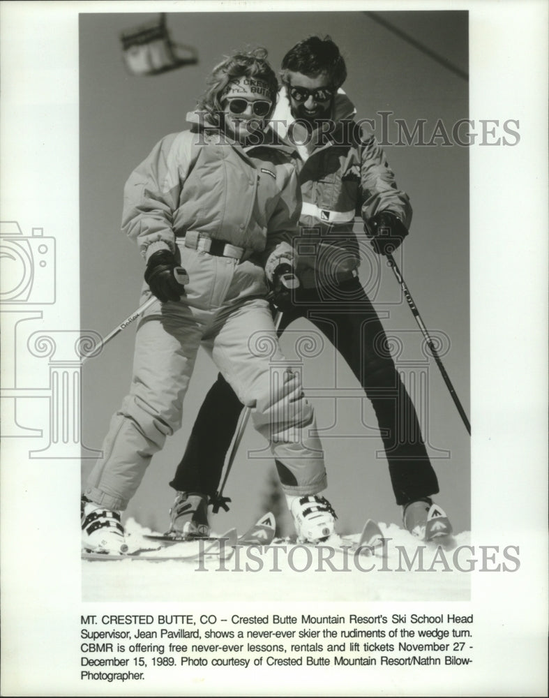 1989 Press Photo Crested Butte Ski School Supervisor Jean Pavillard with Student- Historic Images