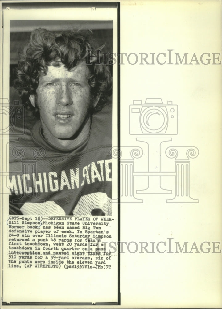 1972 Press Photo Michigan State's Bill Simpson named Big Ten player of the week- Historic Images