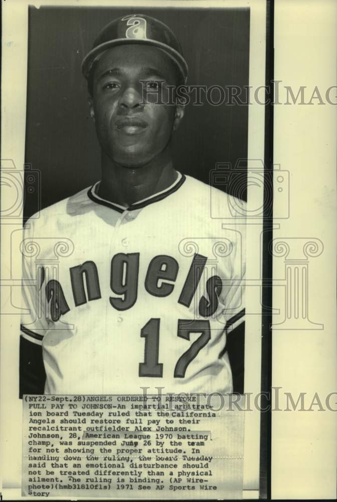 1971 Press Photo California Angels&#39; outfielder Alex Johnson - mjt18034- Historic Images