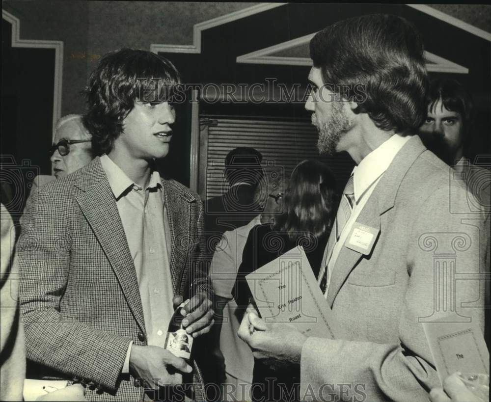 1982 Press Photo Eric Heiden and Gary Hauser talk about Olympic Ice Arena- Historic Images