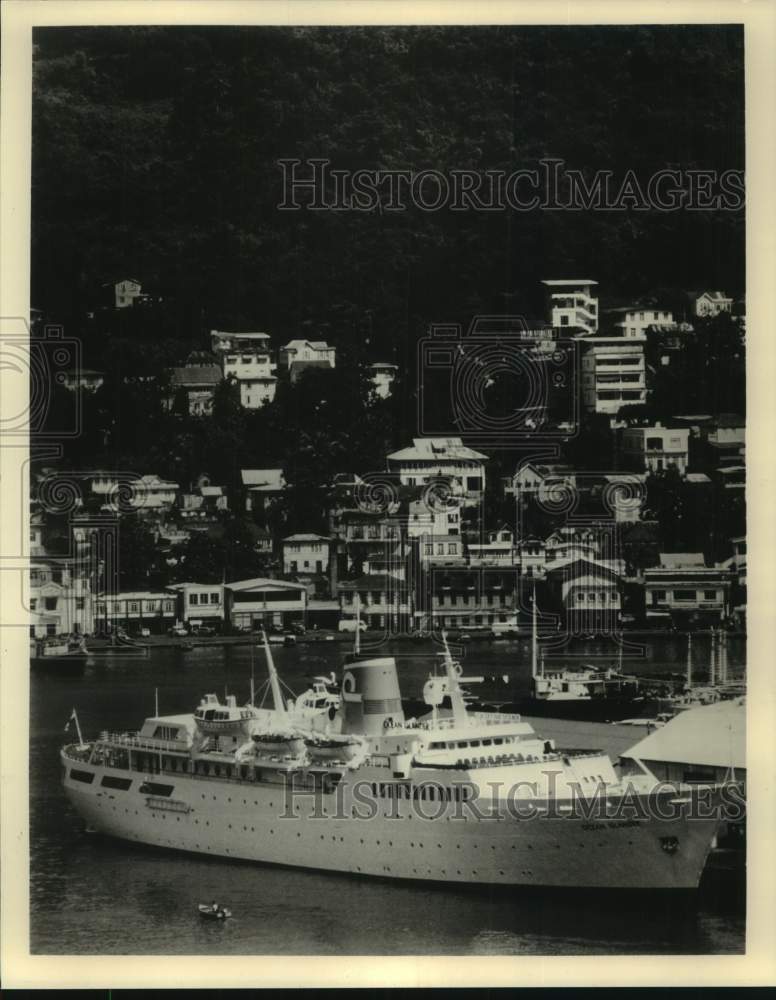 1988 Press Photo Cruise ship docked next to homes on waterfront - mjt18729- Historic Images