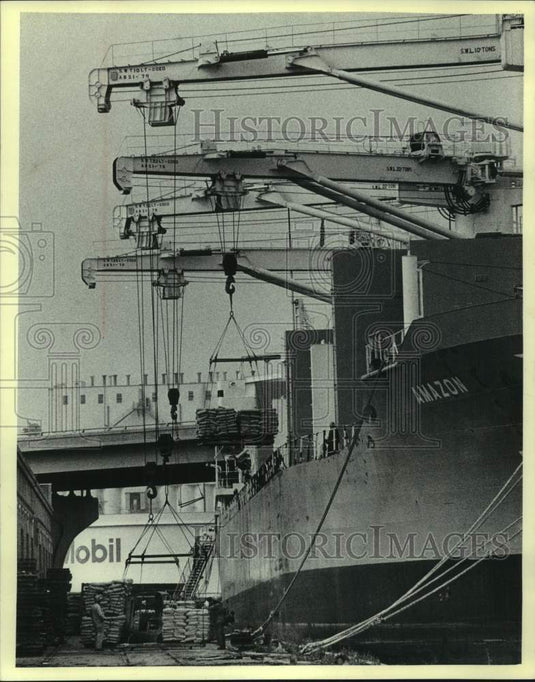 1979 Press Photo Amazon's Cranes Lift Cargo From Milwaukee Deck at Jones Island- Historic Images