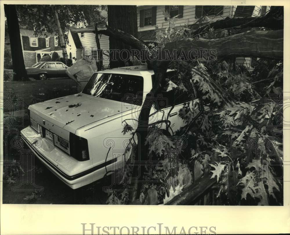 1987 Press Photo William Klinger inspects storm damage to his car, Whitefish Bay- Historic Images