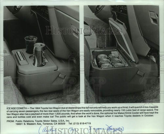 1984 Press Photo Drink Cooler And Ice Maker Inside Toyota Van Wagon - mjt19704- Historic Images