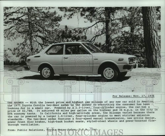 1976 Press Photo 1977 Toyota Corolla two door sedan. - mjt19727- Historic Images