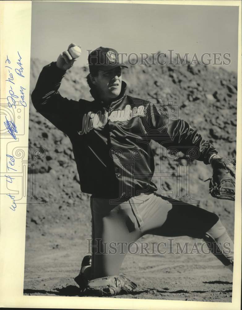 1986 Press Photo Brewers Ted Simmons throwing ball on one knee - mjt20218- Historic Images