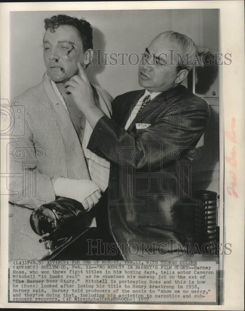 1957 Press Photo Barney Ross tells actor Cameron Mitchell his makeup looks real- Historic Images