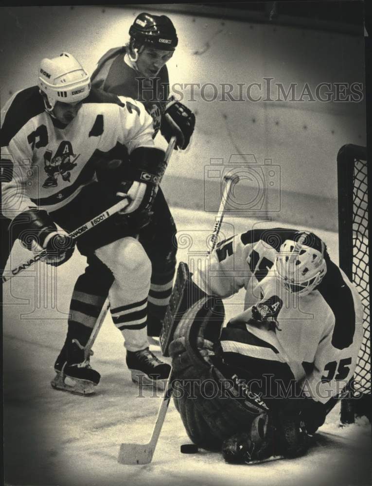 1986 Press Photo Milwaukee Admiral goalie Rob Holland covered the puck.- Historic Images