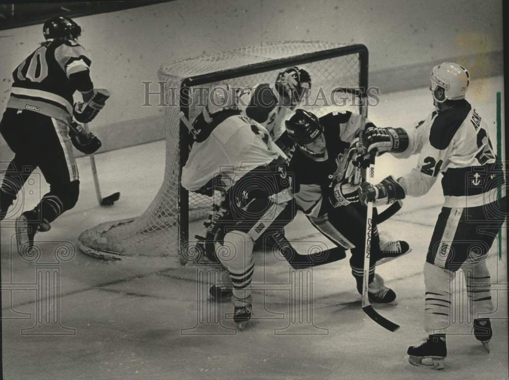 1988 Press Photo Dave McLlwan and Admirals&#39; Peter Bakovic pushed each other.- Historic Images