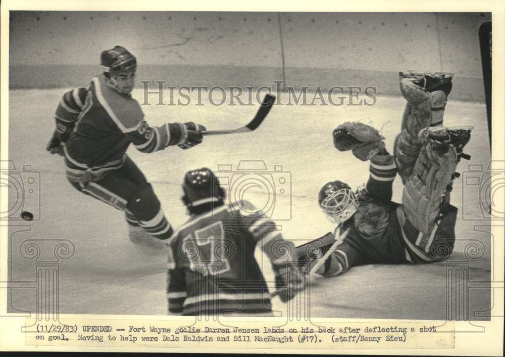 1983 Press Photo Fort Wayne goalie Darren Jensen deflected a shot on goal.- Historic Images