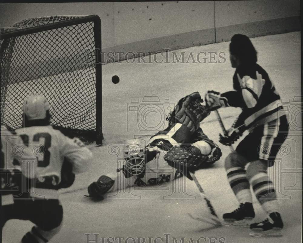 1984 Press Photo Puck sailed past Admiral goalie Jim Ralph from Muskegon goal.- Historic Images