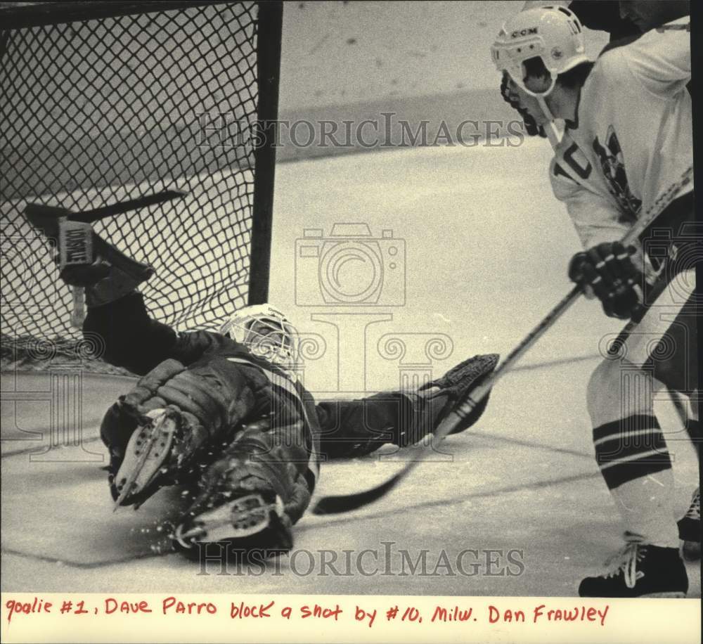 1984 Press Photo Dave Parro Blocks Shot By Dan Frawley In International League- Historic Images